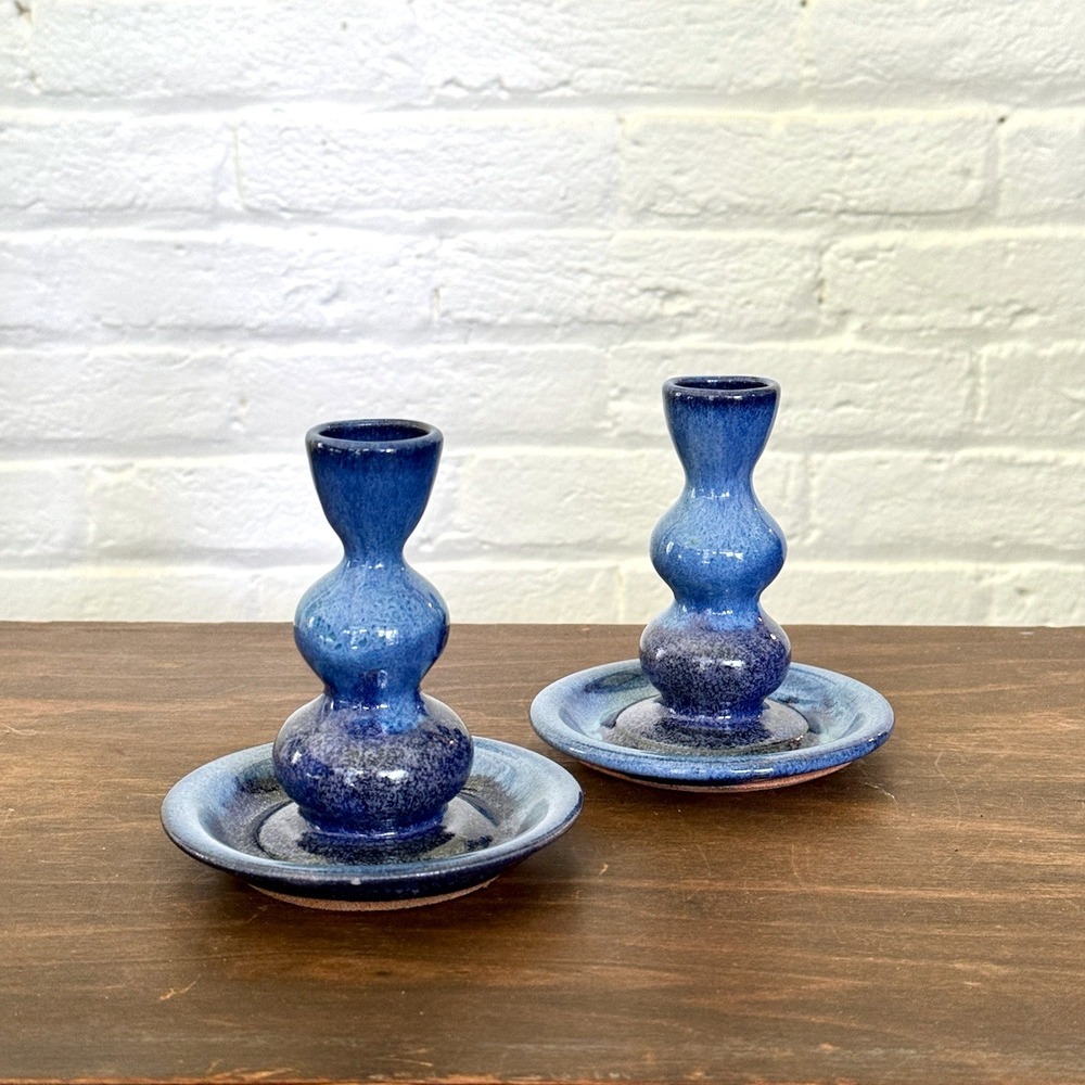 Vintage 1994 Signed Studio Pottery Blue Speckled Taper Candle Holders Set of 2